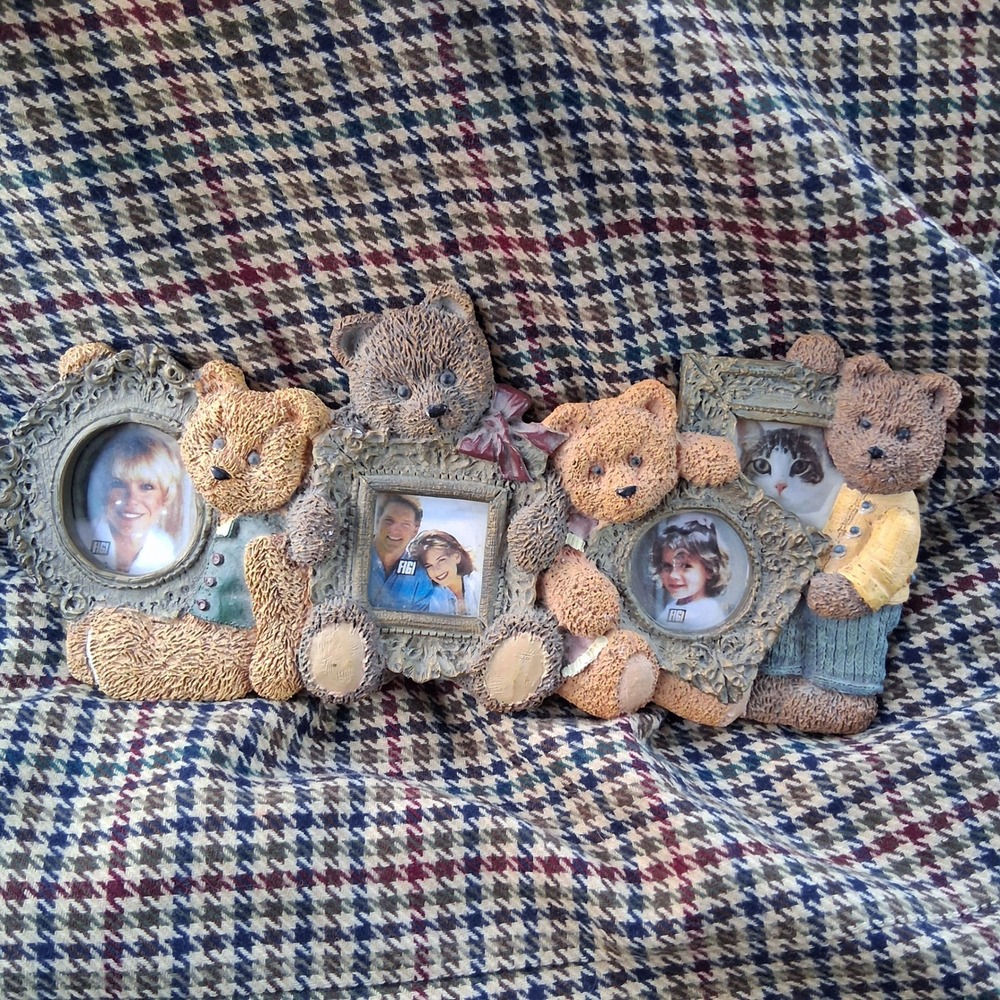 Vtg 90s Teddy Bear Multi Photo Frame Resin Rustic Cottagecore Butter Mom